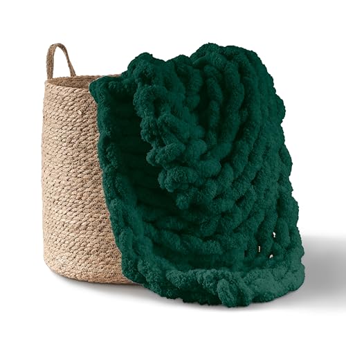 "Adyrescia Chunky Knit Blanket Throw - 100% Hand Knit with Jumbo Chenille Yarn (50""x60"", Forest Green)"