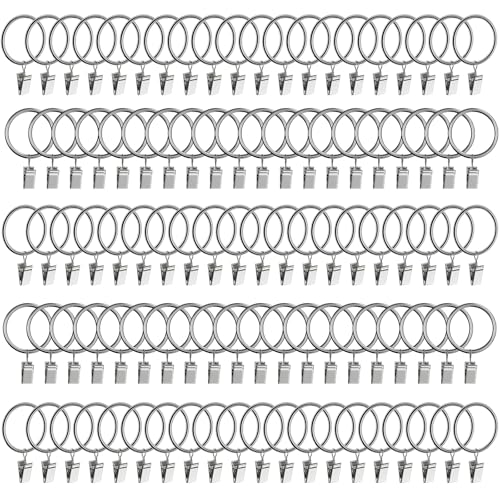 "100 Pack Curtain Rings with Clips Hooks 1.5 inch Rustproof Matte Metal Stainless Steel Drapery Rings for Tension Rod Bracket Eyelets Decorative Hangers, Silver (1.5"" Interior Diameter)"