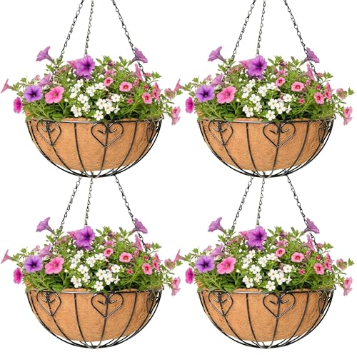 4 Pack Hanging Planter for Outdoor Plants 14 inch Metal Hanging Flower Basket with Coco Coir Liner Round Wire Plant Holder Chain Flower Pots Outdoor Garden Decoration Watering Hanging Baskets???AX???