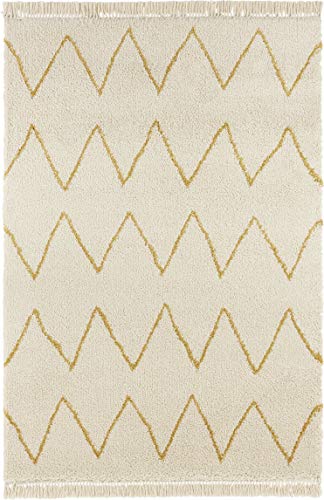 HANSE Home Ruby High Pile Living Room Rug Soft Fluffy Long Pile Shaggy Flokati Skandi Zigzag Pattern with Fringes for Children's Room Bedroom Kitchen Hallway Cream Gold 120 x 170 cm