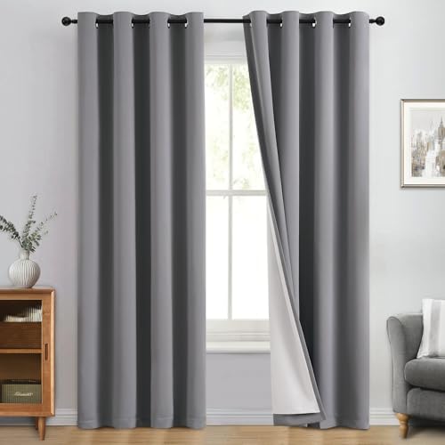 Yakamok 100% Blackout Curtain Panels 72 inches Cold and Light Blocking Drapes for Nursery, 2 Thick Layers Thermal Insulated Draperies (2 Pieces, 50 Wide Each Panel, Grey Front with White Backing)