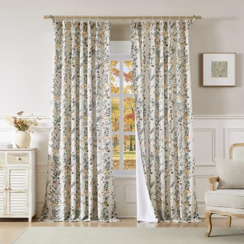 "Kayne Studio Pinch Pleated Light Filtering Curtains with Liner Leaf Privacy Drapes for Living Room Bedroom 84 Inches Rustic Botanical Pattern Back Tab Window Treatment,40""x102"",Green & Yellow,2 Panels"
