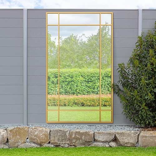"MirrorOutlet The Genestra - Gold Modern Contemporary Leaner and Wall Garden Mirror 71"" X 43"" (180CM X 110CM) Silver Mirror Glass with Black Metal Frame. Landscape or Portrait. Frost Protected Glass…"