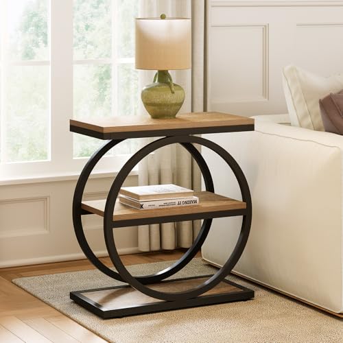 LITTLE TREE 3-Tier End Table, Side Table with Storage Shelves, Small Sofa Side Table for Living Room, Wooden Side End Table with Double Round Metal Legs, Slim Nightstand and Bedside Table, Oak