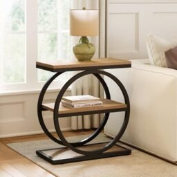 LITTLE TREE 3-Tier End Table, Side Table with Storage Shelves, Small Sofa Side Table for Living Room, Wooden Side End Table with Double Round Metal Legs, Slim Nightstand and Bedside Table, Oak