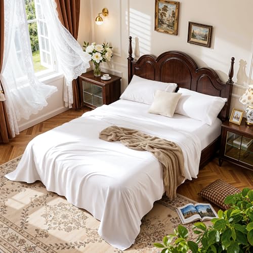 LBRO2M 1000 Thread Count 100% Cotton Sheets Set,King Size Bed Sheet 4 Piece Sets,Long Staple,16 Inches Deep Pocket,All Season,Bedding Super Soft Comforterble Breathable,Sateen Weave(White)