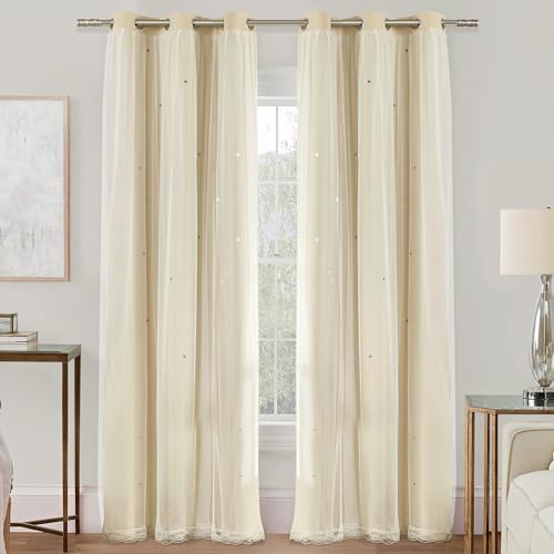 XiDi Beige Curtains Blackout for Girls Bedroom, 1 Panel - Beige layered curtain, girls and kids bedroom decor, white sheer overlay,room darkening, grommet top