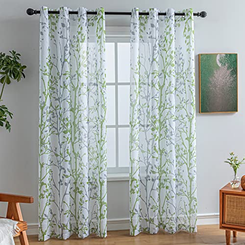 Luvyohmee Semi Sheer Curtains for Bedroom, Sage Green Curtains 84 inches Long for Living Room, Green and Grey Tree Branches Patterned Linen Textured Curtains,Grommet Top (Set of 2 Panels)