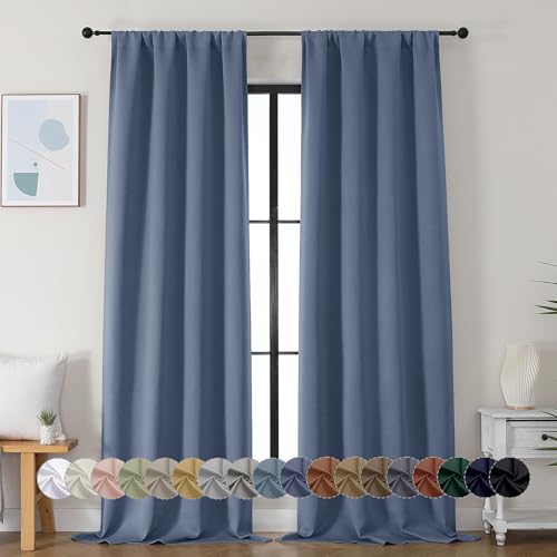Simplebrand Ava Denim Blue Blackout Curtains for Bedroom 90 Inches Long 2 Panels Set, Solid Privacy Energy Saving Living Room Window Treatment Curtains Blackout Drapes, W40 x L90 Inch, Denim Blue