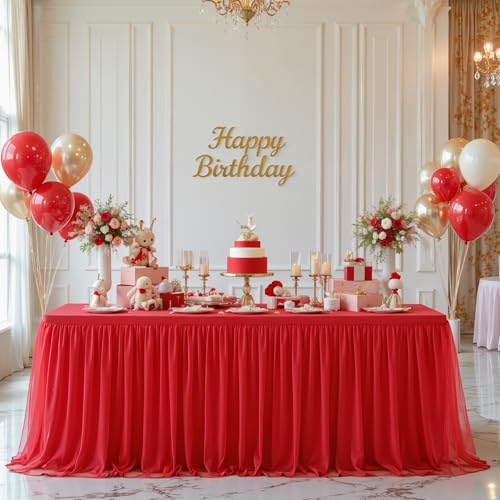 Little Funny Red Tablecloth Rectangle 8 Foot Fitted Stretch Elastic Tulle Ruffle Tablecloths Rectangular Spandex Table Covers 8ft Birthday Baby Shower Wedding Party Table Cloths with Skirt