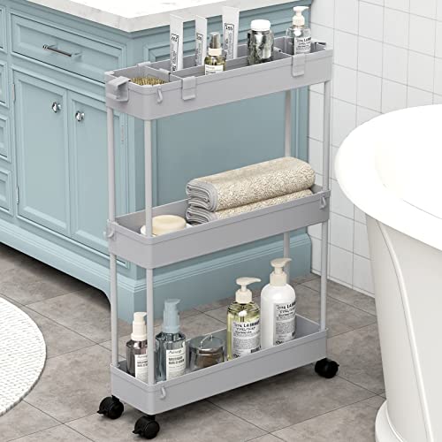 SAKA Slim Storage Cart,3 Tier Bathroom Rolling Utility Cart Storage Organizer Slide Out Cart, Mobile Shelving Unit Organizer Trolley for Office Bathroom Kitchen Laundry Room Narrow Places, Grey