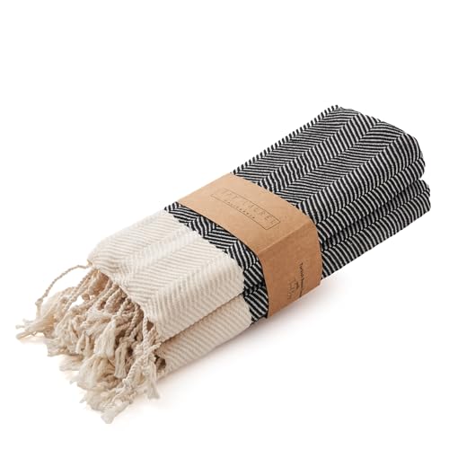 BAY LAUREL Turkish Hand Towel ??? Pack of 2 - Soft & Absorbent Decorative Towels for Bathroom, Hand, Face, Hair, Gym, Yoga, SPA, Kitchen & Tea (Black, Herringbone 16x40 Inches (Set of 2)