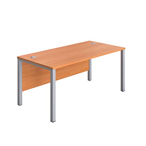 Office Hippo Heavy Duty Rectangular Goalpost Desk, Integrated Cable Ports, PC Desk For Home or Office, 5 Yr Wty, MFC - Beech Top, Silver Legs, 140cm x 80cm