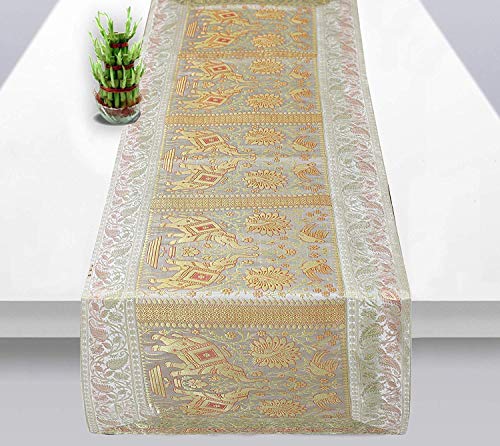 FashionShopmart Indian Table Runner Rectangle Hand Art Elephant Good Luck Silk Table Runner 60 x 18 Inch Golden Color Table Cloth