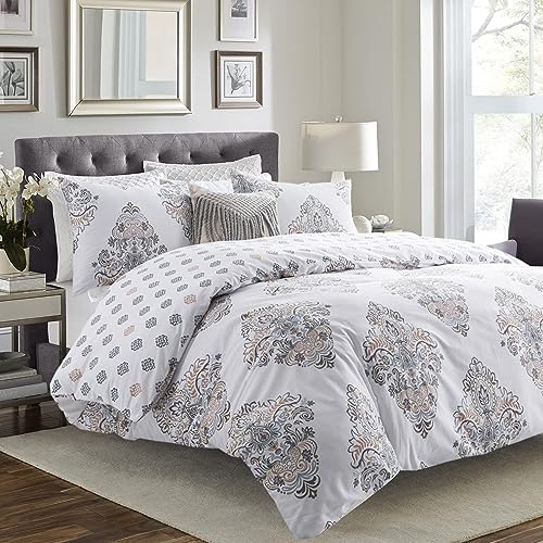SLEEPBELLA Comforter Twin Size, 600 Thread Count Cotton Yellow & Blue Damask with Taupe Brown Reversible Pattern White Comforter Sets,Down Alternative Bedding Set 2Pcs (Twin, White Damask)