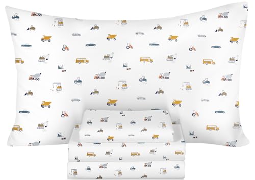 "Ivellow Twin Sheets Set Kids 100% Natural Cotton Sheets Soft Breathable Durable Lightweight Crispy Percale Bed Sheets 16"" Deep Pocket Excavator Car Patterned Kids Twin Bedding Dorm Essentials"