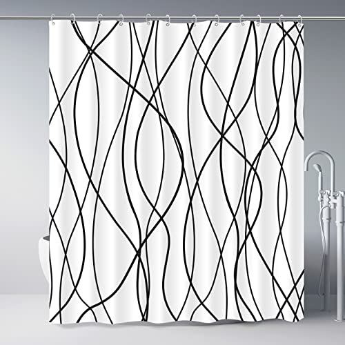 Punkray Black and White Striped Wavy Line Polyester Shower Curtain for Bathroom with Hooks, Weighted Hem, Waterproof Bath Accessories Hotel Style, 72 x 72