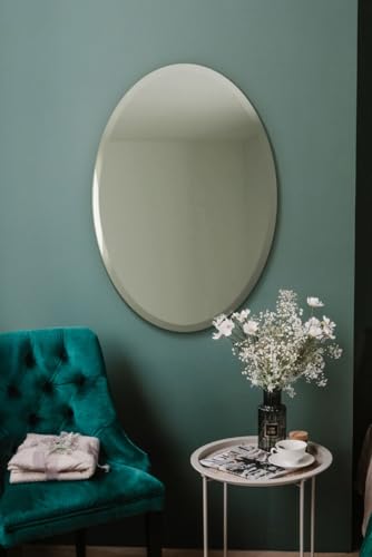 "MirrorOutlet The Ovale - Large Frameless Oval Pond Bevelled Wall Mirror 24"" X 16"" (60cm X 40cm) Silver Mirror Glass On A Black Backing."