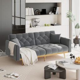 Ball & Cast 3 Seater Sofas 144CM, Velvet Small Sofa with 53cm Deep Seat, Modern Couch 300kg Capacity, Comfy Seat Tool-Free Setup, Large 2 Seater Sofa in A Box, Loveseat Couch for Living Room, Grey