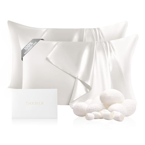 "THXSILK 2 Pack 100% Silk Pillowcase for Hair and Skin, Both Sides Grade 6A+ 22 Momme Mulberry Silk Pillow Case with Hidden Zipper, Soft & Smooth White Pillowcases(2pcs, Queen Size 20""x30"")"