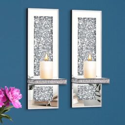 Azonsdop Silver Mirrored Candle Sconces Set of 2, Crystal Candle Holders with Acrylic Crushed Diamond, Home Décor