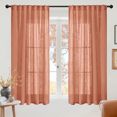 YoungsTex Terracotta Linen Semi Sheer Curtains 48 Inches Long - Burnt Orange Light Filtering Drapes with Rod Pocket Back Tab for Living Room Bedroom Windows, 2 Panels, Terracotta, 42 X 48 Inch