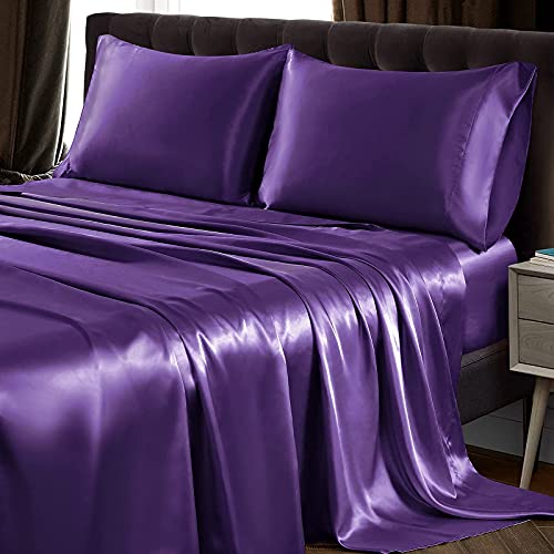 SiinvdaBZX 4Pcs Satin Sheet Set Full Size 15-Inch Deep Pocket, Purple - Ultra Silky Soft Satin Bed Sheets Similar to Silk Sheets, Includes 1 Fitted Sheet, 1 Flat Sheet, 2 Satin Pillowcases