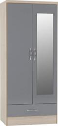 Seconique Nevada Mirrored 2 Door Wardrobe,Grey Gloss/Light Oak