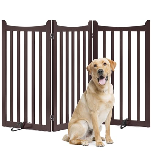 Yaheetech Freestanding Pet Gate Indoor 3-Panel Wooden Dog Gates for Small Medium Dogs, Foldable Puppy Fence with 2 Support Feet, Pets Door for Doorways/Stairs/Halls/Kitchen (Espresso,91cm H X 152cm L)