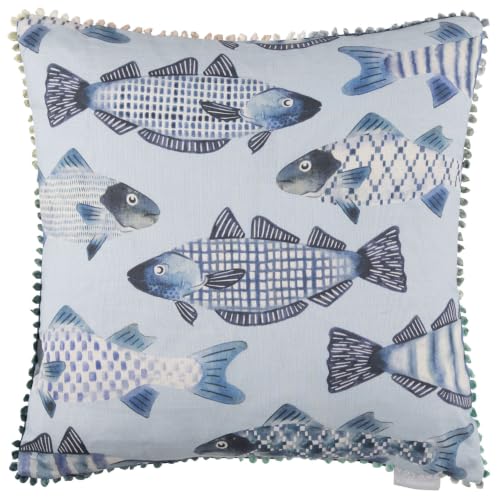 Voyage Maison Cove Cushion Cover (Cobalt - 50x50cm) - Coastal Watercolour Fish Pom Pom Trim Decorative Case