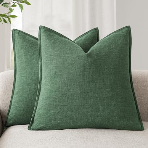 Foindtower Set of 2, Decorative Linen Soild Throw Pillow Covers Soft Accent Euro Cushion Case Farmhouse Neutral Pillowcase for Chair Couch Sofa Bedroom Living Room Home Decor 18 x 18 Inch Pine Green