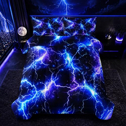 Nttopship Blue Lightning Comforter Set Twin Size Bed in A Bag,Lightning Bedding Set for Teen Adult Blue Room Decor Ultra-Soft Lightweight Microfiber with 2 Pillowcases