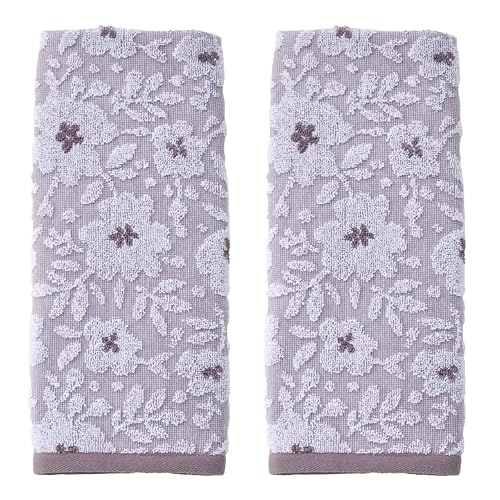 SKL Home Floral Jacquard 100% Cotton 2pc Hand Towel Set, Reversible & Decorative for Bath/Kitchen/Bar & Gift, Lavender