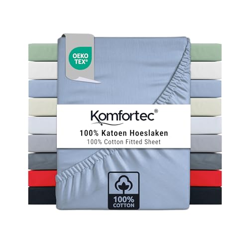 Komfortec Super King Fitted Sheet 100% Cotton, 11 inch (30 cm) Deep Pocket - Light Blue
