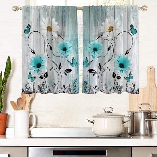 "AAtter Teal Floral Kitchen Curtains, 27.5"" W x 39"" L, 2 Panels Rod Pocket - Turquoise and White Farmhouse Window Drapes, Country Rustic Flower, Cute Vintage Daisy Butterfly, Small Short Bathroom Tiers"