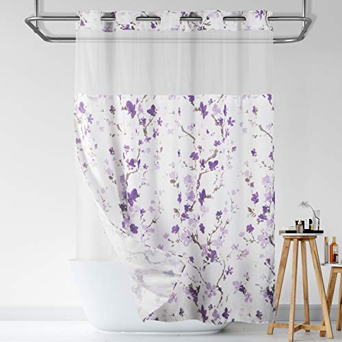 Lagute SnapHook Hook Free Shower Curtain with Snap-in Liner & See Through Top Window - Hotel Grade, Machine Washable & Water Repellent - 71Wx74L, Purple Blossom