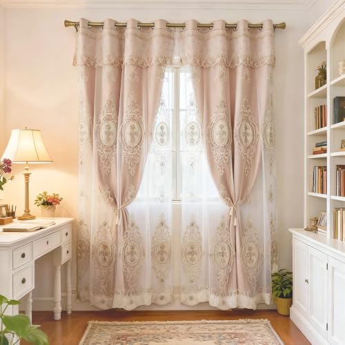 Amidoudou 1 Pair European Double Layer Curtains with Valances for Living Room Bedroom Luxury 3D Flower Embroidered Curtains (Khaki,52x95 Inch)