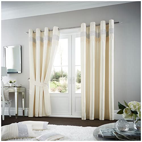 "Gaveno Cavailia Oxy Eyelet Curtains Cream, 100% Polyester Luxury Ring Top Drapery with Matching Tie Backs, Two 66""x90"" Glamorous Panels, Easy Care Window Treatment, 66x90 Inches"
