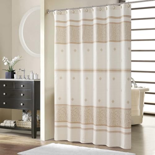 "BESTRIPES Fabric Shower Curtain, Beige Tan Stripe Cloth Shower Curtains for Bathroom, Waterproof Bathroom Small Curtains, 62"" W x 72"" H"