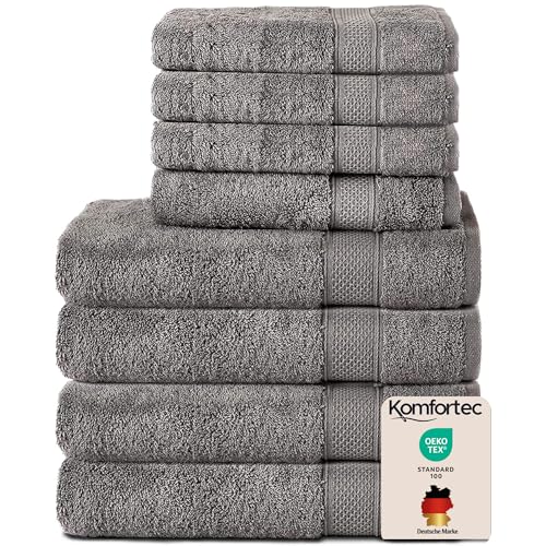 Komfortec Set of 8 Hand Towels 100% Cotton, 4 Bath Towels 70 x 140 cm and 4 Hand Towels 50 x 100 cm, Terry Clothing, Soft, Towel, Large, Anthracite Grey