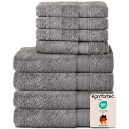 Komfortec Set of 8 Hand Towels 100% Cotton, 4 Bath Towels 70 x 140 cm and 4 Hand Towels 50 x 100 cm, Terry Clothing, Soft, Towel, Large, Anthracite Grey