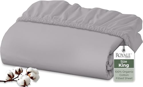 "Royale Linens 100% Organic Cotton Fitted Sheet - Percale Weave - Super Soft Deep Pocket Bottom Sheets - Elastic Sheet King Size - King Fitted Sheets Only - (78""x80""+15"", Silver)"