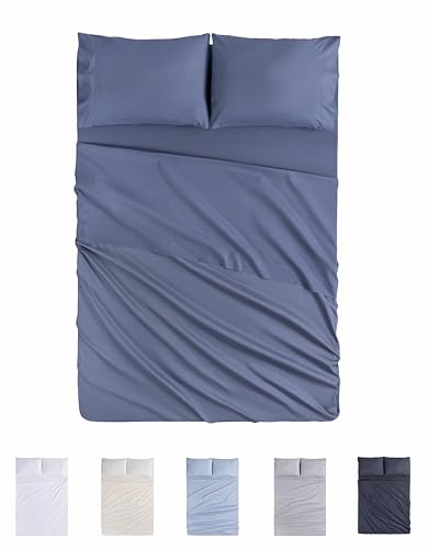 Todocama 4-Piece Bedding Set – 4002 – Fitted Sheet – Top Sheet – Two Pillowcases 50 x 80 cm (Bed 135 x 190/200 cm, Grey Blue)