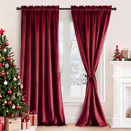 JIUZHEN Red Velvet Curtains for Party - Thermal Insulated Room Darkening Rod Pocket Window Drapes for Living Room/Wedding, Set of 2 Panels with Tiebacks, 52 x 96 inches, Wine Red