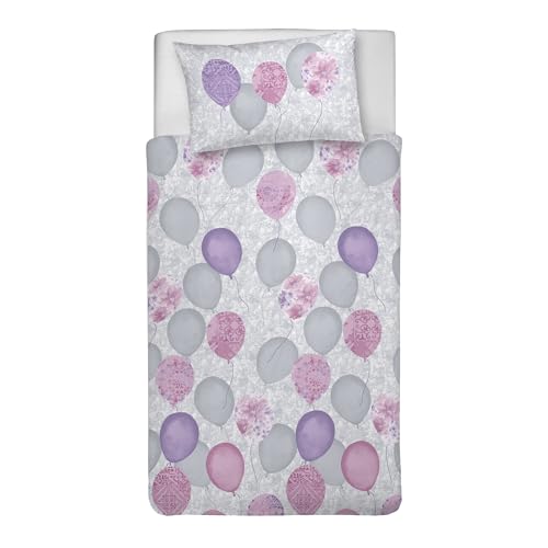 PENSIERI DELICATI Single Duvet Cover Set, 100% Cotton, Complete with 155 x 200 cm Bag and 1 Pillowcase 52 x 82 cm, Made in Italy, Duvet Cover Machine Washable At 40 Degrees, Pink Balloons Design