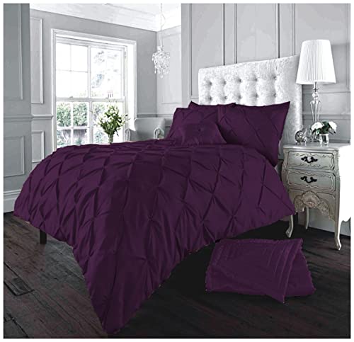 GC GAVENO CAVAILIA Pinch Pleated Double Bedding Set, Diamond Pleat Pintuck Comforter Cover, Soft Polycotton & Breathale Quilt Cover, Aubergine