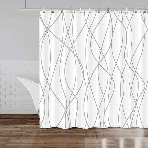 "Punkray Striped Shower Curtain with Hooks, Weighted Hem Shower Curtains Water Repellent Machine Washable, Grey White, 84"" W x 72"" L"