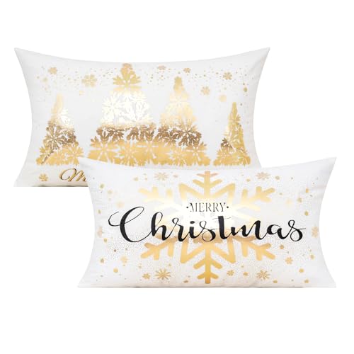 All Smiles 12X20 Lumbar Christmas Throw Pillow Covers Cases Set of 2 White Gold Xmas Decorations Winter Navidad Indoor Home Holiday Décor Ornaments Velvet Cushion for Sofa Tree Snowflake Reindeer