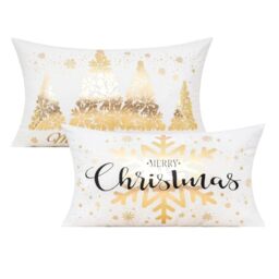 All Smiles 12X20 Lumbar Christmas Throw Pillow Covers Cases Set of 2 White Gold Xmas Decorations Winter Navidad Indoor Home Holiday Décor Ornaments Velvet Cushion for Sofa Tree Snowflake Reindeer