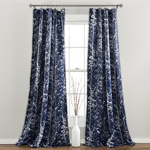"Lush Decor, Navy Forest Curtains Tree Branch Leaf Darkening Window Panel Drapes Set for Living, Dining, Bedroom (Pair), 95"" x 52"""